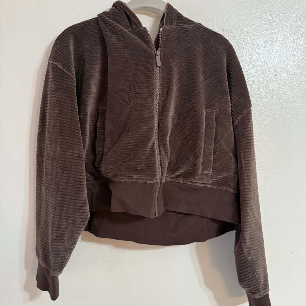 nuuds Full Zip Ribbed Cropped Hoodie Chocolate Brown